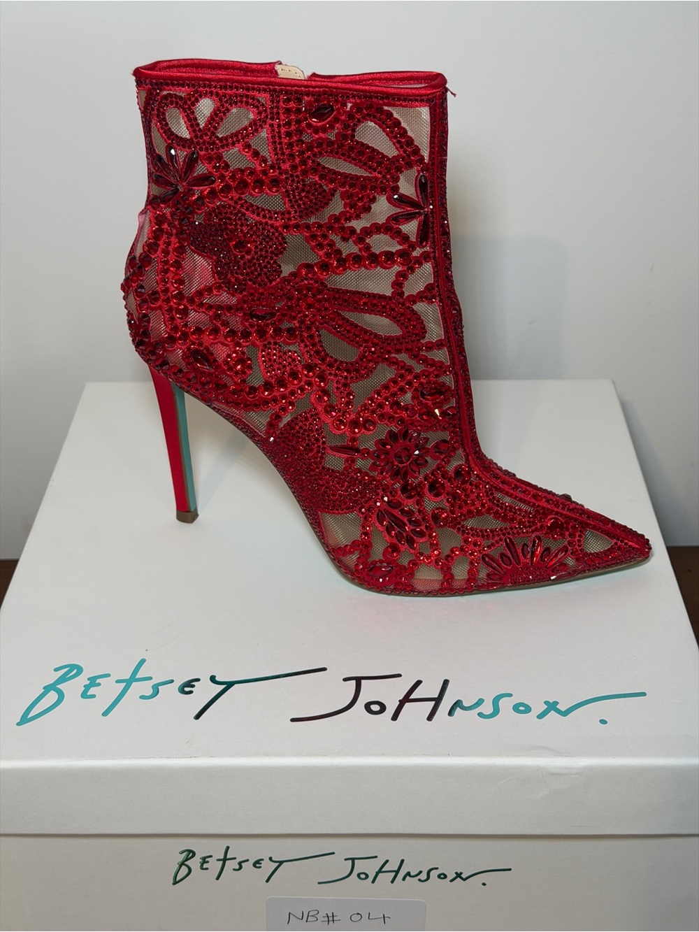 Betsey Johnson Red Crystal Lace Mesh Pointed-Toe Ankle Boot